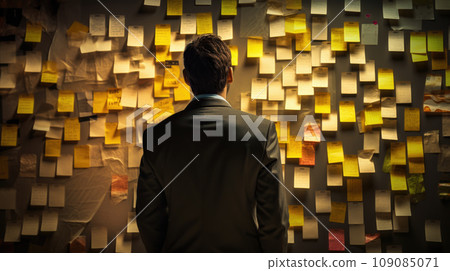 Businessmen sticking colorful adhesive notes on wall at office 109085071