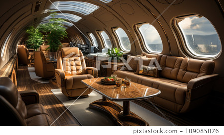 luxury interior in the modern business jet and sunlight at the window/sky and clouds through the porthole luxury interior in the modern business jet and sunlight at the window/sky and clouds through the porthole 109085076