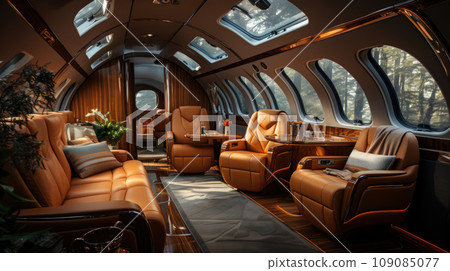 luxury interior in the modern business jet and sunlight at the window/sky and clouds through the porthole 109085077