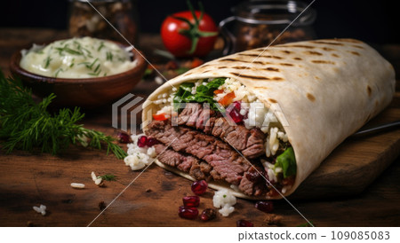 Shawarma sandwich gyro fresh roll of lavash (pita bread) chicken beef shawarma falafel RecipeTin Eatsfilled with grilled meat, mushrooms, cheese. Traditional Middle Eastern snack. On wooden background Shawarma sandwich gyro fresh roll of lavash (pita bread) chicken beef shawarma falafel RecipeTin Eatsfilled with grilled meat, mushrooms, cheese. Traditional Middle Eastern snack. On wooden background 109085083