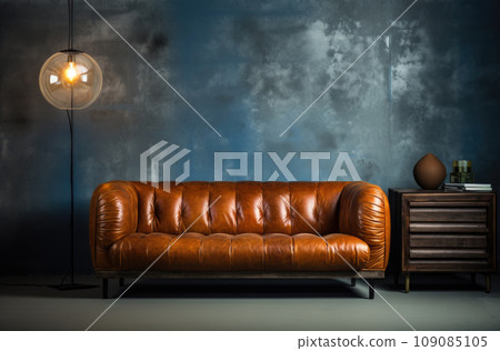 brown leather couch with empty frame in vintage interior 109085105