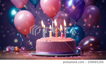 Birthday cake, candles and colorful balloons over light violet 109085208