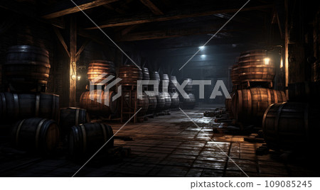 Old cellar with bottles and barrels under castle making wine 109085245