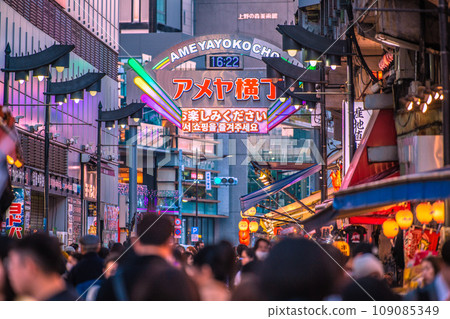 Tokyo, Japan cityscape November. Bustling Ameyoko. Japanese people wearing mask again... In the back is Ueno Royal Museum = 22nd Tokyo, Japan cityscape November. Bustling Ameyoko. Japanese people wearing mask again... In the back is Ueno Royal Museum = 22nd 109085349