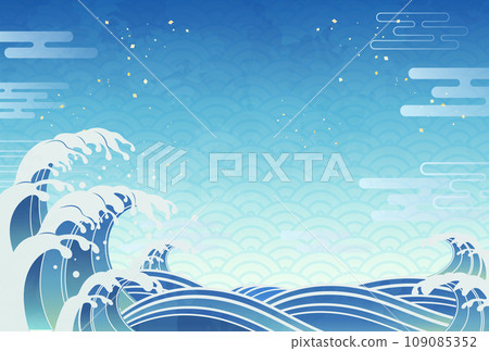 洶湧的波浪和藍色日本圖案背景的插圖_水平2 洶湧的波浪和藍色日本圖案背景的插圖_水平2 109085352