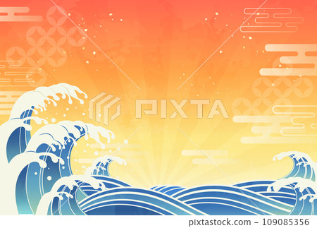 Japanese style background illustration with raging waves and Japanese pattern_horizontal 2 109085356