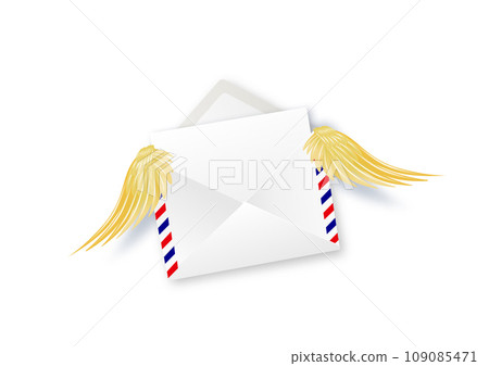 Paper envelope with golden angel wings. Letters Be my Valentine. White envelope with wings. Realistic 3d design congratulations mail, falling envelope. Vector 109085471