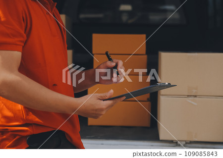 Asian Woman Receiving Product from delivery man at Home, Young Owner Woman Order Product from Smartphone Application, Woman with Online Business or SME Concept. 109085843