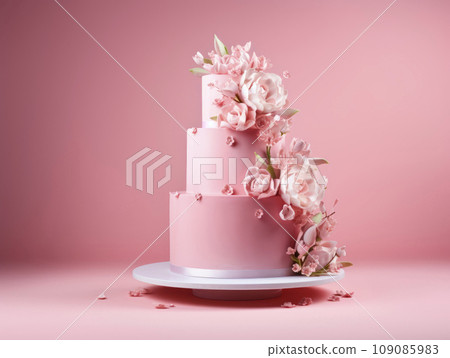 Beautiful multi-tiered cake decorated with flowers.  109085983