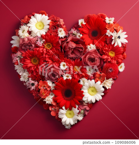 The heart is lined with beautiful flowers on a red background The heart is lined with beautiful flowers on a red background 109086006