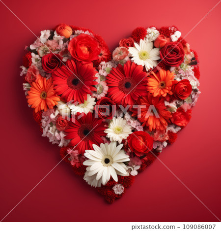 The heart is lined with beautiful flowers on a red background The heart is lined with beautiful flowers on a red background 109086007