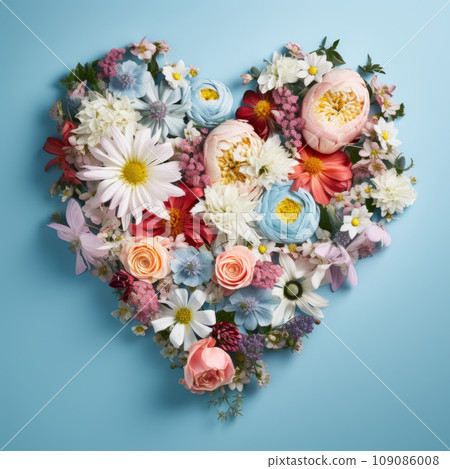 The heart is lined with beautiful multicolored flowers on a blue background The heart is lined with beautiful multicolored flowers on a blue background 109086008