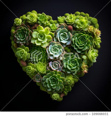 The heart is lined with beautiful succulents on a black background The heart is lined with beautiful succulents on a black background 109086031