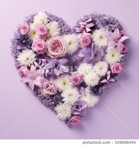The heart is lined with beautiful multicolored flowers in pink and purple 109086040