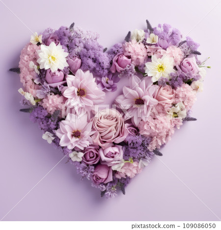The heart is lined with beautiful multicolored flowers in pink and purple 109086050