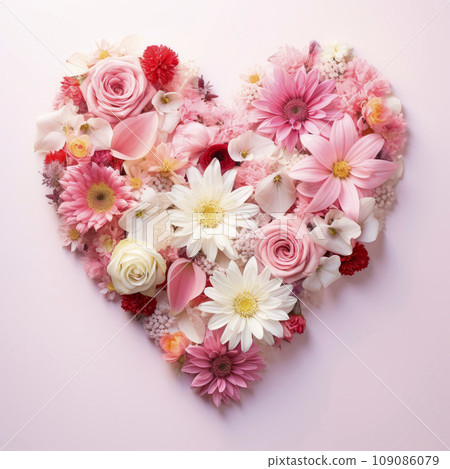 The heart is lined with beautiful pink and white flowers on a pink background 109086079