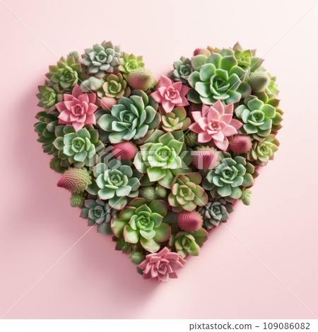 The heart is lined with beautiful succulents on a light pink background 109086082