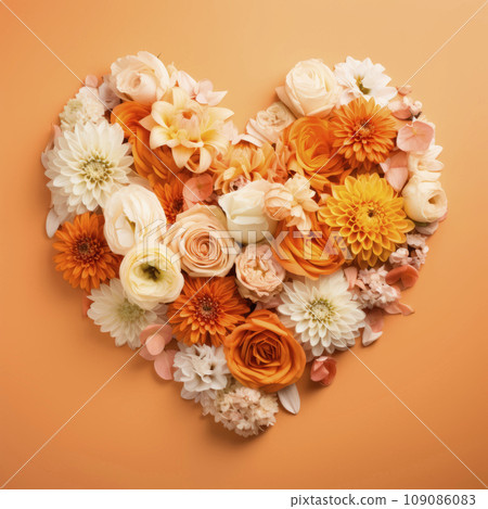 The heart is lined with beautiful multicolored flowers in a yellow-orange scale 109086083