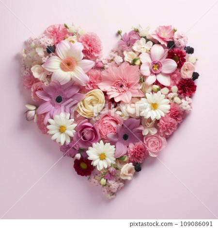 The heart is lined with beautiful pink and white flowers on a pink background The heart is lined with beautiful pink and white flowers on a pink background 109086091