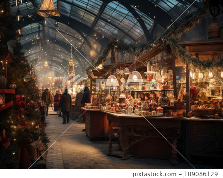 Christmas market in the evening, illuminated by lights Christmas market in the evening, illuminated by lights 109086129