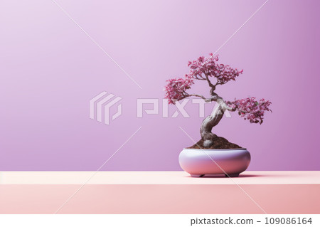 Miniature bonsai tree in a ceramic pot on a background with a copy space.  109086164