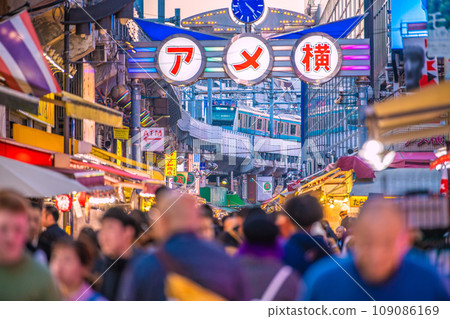 Tokyo, Japan cityscape November. Ameyoko is crowded with foreign tourists. Corona-free = 22 days Tokyo, Japan cityscape November. Ameyoko is crowded with foreign tourists. Corona-free = 22 days 109086169