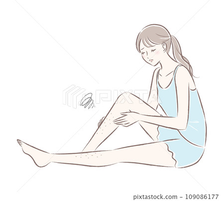 Full-body illustration of a young woman worried about removing unwanted hair and shin hair at a hair removal salon Full-body illustration of a young woman worried about removing unwanted hair and shin hair at a hair removal salon 109086177