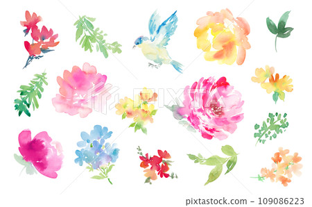 Illustration material set for background of abstract peony and flowers painted in watercolor 109086223