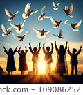 Children of Diversity Raising Hands at Sunrise 109086252