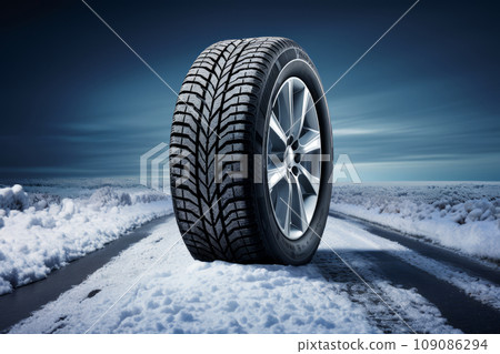 Close-up of a winter car tire on a snowy road. Seasonal change of wheels. Car service. The concept of safe travel and driving on the highway. 109086294