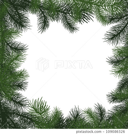 Merry christmas card with text and christmas tree square frame, vector illustration. Realistic fir-tree branches, sketch isolated on white. Christmas card, design 109086326