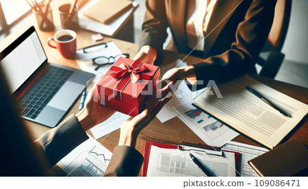 Busy Office Desk with Businesswoman Receiving Red Gift Box 109086471