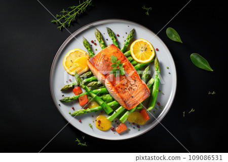 grilled salmon with asparagus on white plate isolated on black background 109086531
