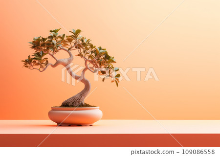 Miniature bonsai tree in a ceramic pot on a background with a copy space. Miniature bonsai tree in a ceramic pot on a background with a copy space. 109086558