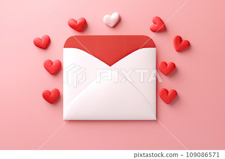 white paper envelope with Valentines hearts on pink background. Flat lay, top view. Romantic love letter for Valentine's day concept white paper envelope with Valentines hearts on pink background. Flat lay, top view. Romantic love letter for Valentine's day concept 109086571