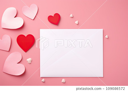 white paper envelope with Valentines hearts on pink background. Flat lay, top view. Romantic love letter for Valentine's day concept white paper envelope with Valentines hearts on pink background. Flat lay, top view. Romantic love letter for Valentine's day concept 109086572