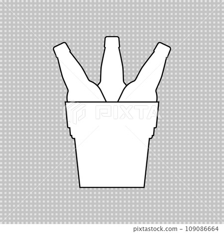 Set of beer bottles in a metal bucket. Linear outline vector drawing and simple icon. 109086664
