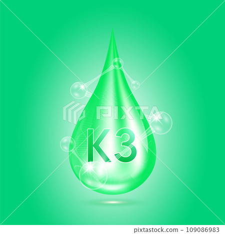 Vitamins K3 collagen serum water drop isolated on dark background. Solution complex green with molecule oxygen bubbles surround. Beauty skincare cosmetics. Medical concepts. 3D Realistic Vector. 109086983