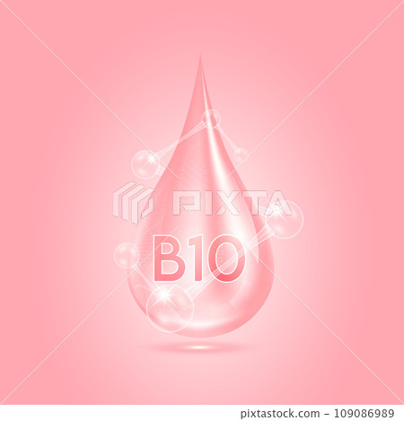 Vitamins B10 collagen serum water drop isolated on dark background. Solution complex pink with molecule oxygen bubbles surround. Beauty skincare cosmetics. Medical concepts. 3D Realistic Vector. 109086989