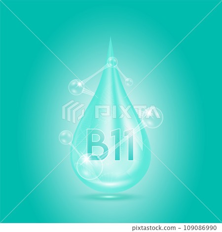 Vitamins B11 collagen serum water drop isolated on dark background. Solution complex blue with molecule oxygen bubbles surround. Beauty skincare cosmetics. Medical concepts. 3D Realistic Vector. 109086990