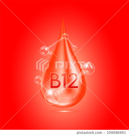 Vitamins B8 collagen serum water drop isolated on dark background. Solution complex red with molecule oxygen bubbles surround. Beauty skincare cosmetics. Medical concepts. 3D Realistic Vector. Vitamins B8 collagen serum water drop isolated on dark background. Solution complex red with molecule oxygen bubbles surround. Beauty skincare cosmetics. Medical concepts. 3D Realistic Vector. 109086991