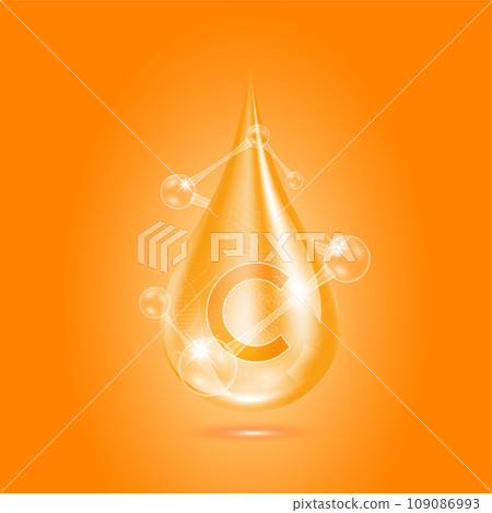 Vitamins C collagen serum water drop isolated on dark background. Solution complex orange with molecule oxygen bubbles surround. Beauty skincare cosmetics. Medical concepts. 3D Realistic Vector. Vitamins C collagen serum water drop isolated on dark background. Solution complex orange with molecule oxygen bubbles surround. Beauty skincare cosmetics. Medical concepts. 3D Realistic Vector. 109086993
