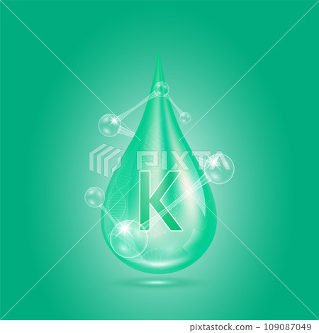 Vitamins K collagen serum water drop isolated on dark background. Solution complex green with molecule oxygen bubbles surround. Beauty skincare cosmetics. Medical concepts. 3D Realistic Vector. 109087049
