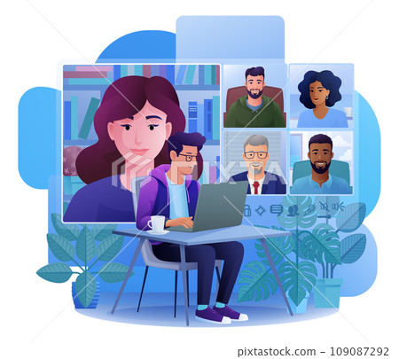 Man Video Conference Call Team Meeting Cartoon 109087292