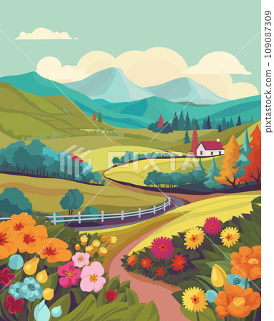 Fields Landscape Flowers Farm House Background 109087309