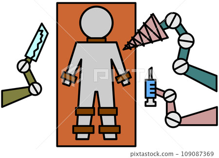 Illustration of a person being imprisoned, restrained, and tortured Illustration of a person being imprisoned, restrained, and tortured 109087369