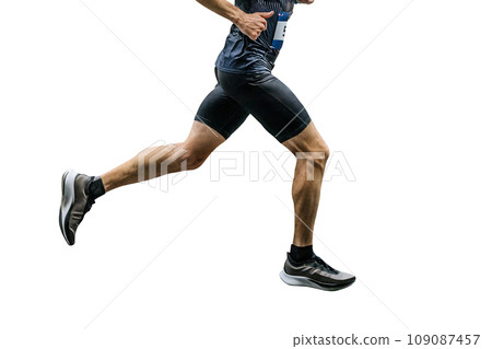 male runner in black tights running city marathon, muscular legs of athlete jogger, isolated on white background 109087457