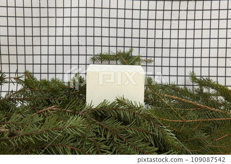 cube among fir branches on a grid background cube among fir branches on a grid background 109087542