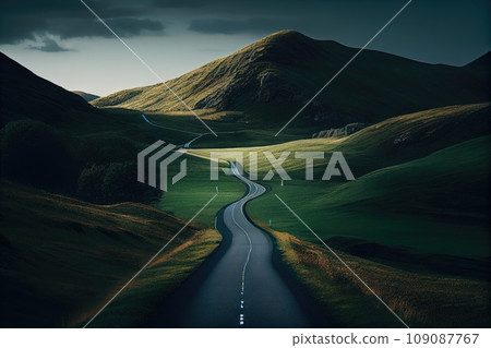 Serpentine Road Among Green Hills. Beautiful landscape. Serpentine Road Among Green Hills. Beautiful landscape. 109087767