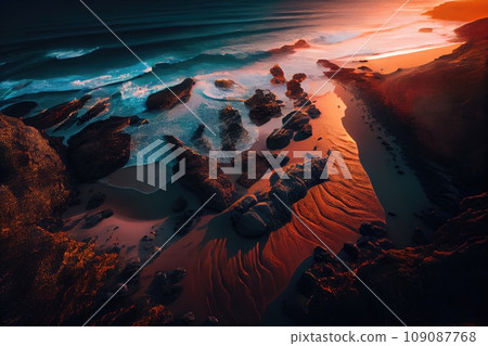Sea rocky reefs shore with blue waves, top down aerial view Sea rocky reefs shore with blue waves, top down aerial view 109087768